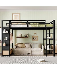 Streamdale Queen Loft Bed Frame with Wardrobe & Storage Shelves, Black