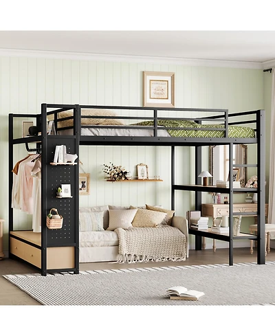 Streamdale Queen Loft Bed Frame with Wardrobe & Storage Shelves, Black