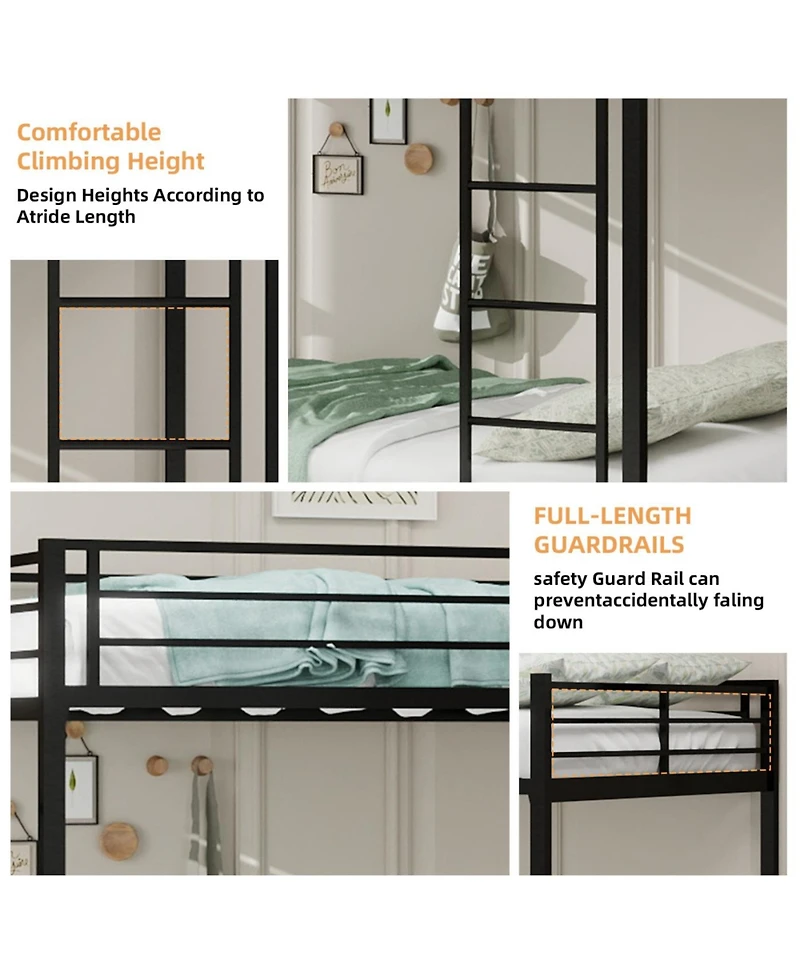 Streamdale Furniture Durable Square Tube Iron Bunk Bed with Safety Rails