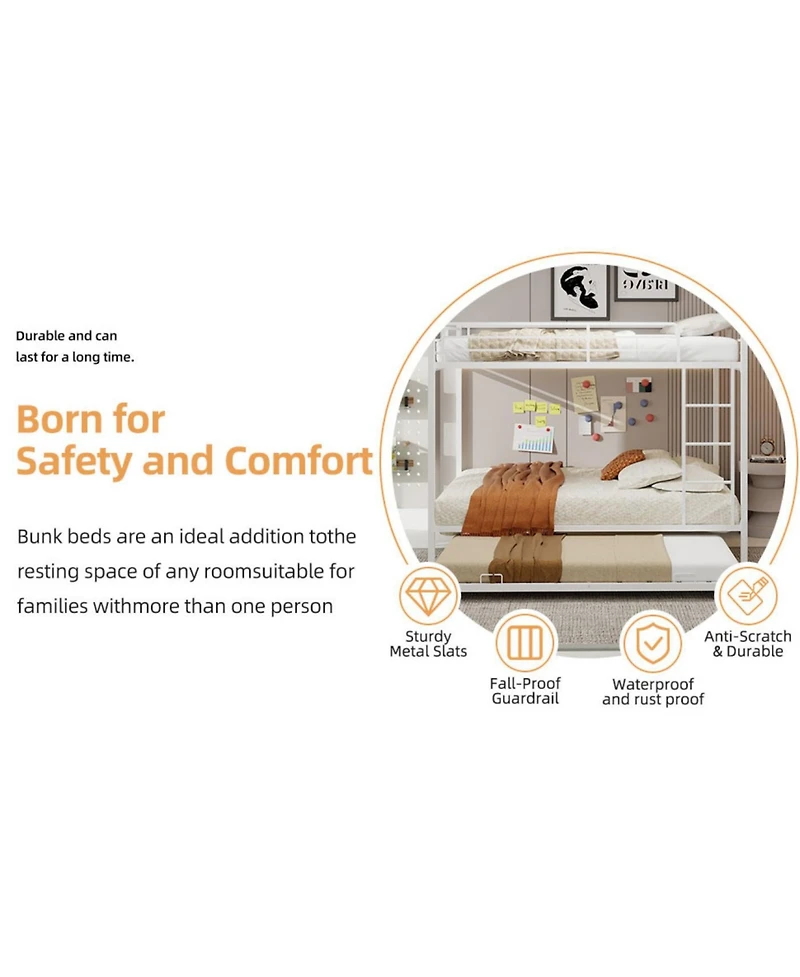 Streamdale Furniture Durable Square Tube Iron Bunk Bed with Safety Rails - Queen Size