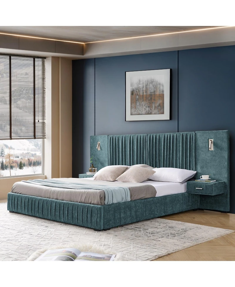 Streamdale King Size Upholstered Bed Frame with Chenille, Pleated Design, No Box Spring Needed-Blue-Green