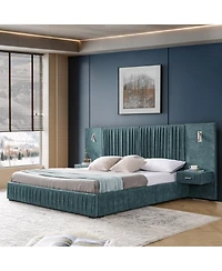 Streamdale King Size Upholstered Bed Frame with Chenille, Pleated Design, No Box Spring Needed-Blue-Green
