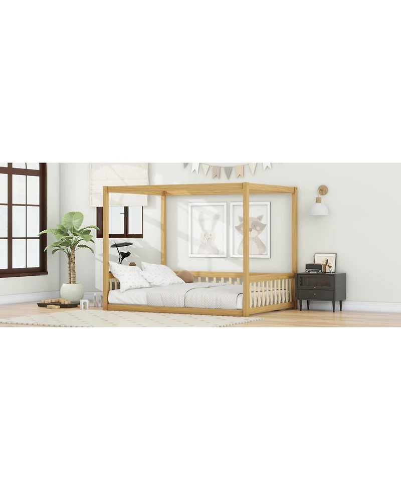 Streamdale Furniture Full Size Canopy Frame Rubber Wood Floor Bed with Fence, Guardrails