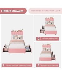 gaomon Twin-xl Size Boucle Upholstered Platform Bed Frame with Wavy Headboard and Storage Bookcase, 2 Drawers, No Box Spring Needed