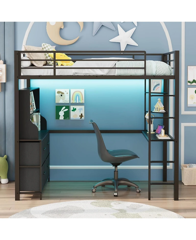 gaomon Twin Loft Bed with Desk, 4 Fabric Drawers & 2 Shelves, Metal Led Lights, Usb Charging Station, Safety Guardrail Ladder