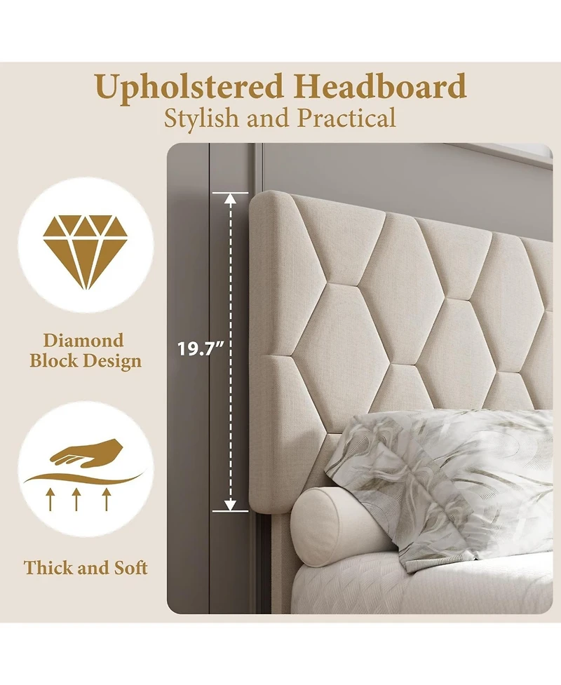 Gaomon Upholstered Bed with Adjustable Headboard, Heavy-Duty Platform Frame, Strong Wood Slats, Noise-Free, No Box Spring Required