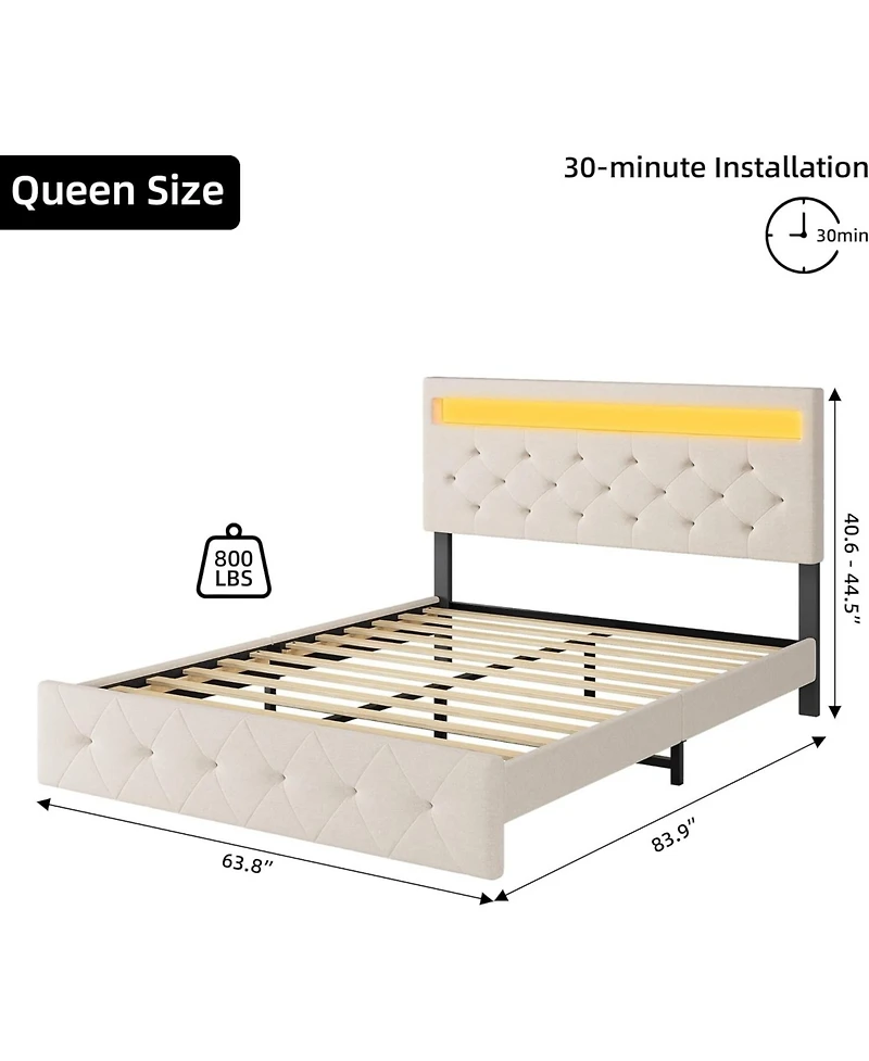 Gaomon Bed Frame with Storage Headboard, Upholstered Headboard Led Lights and Charging Station, Heavy Duty Wooden