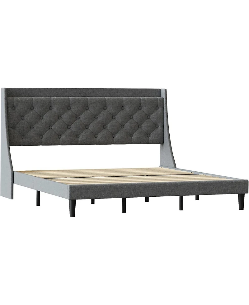 gaomon Upholstered Bed Frame with Deep Button Tufted Headboard, Wood Slats, Storage Shelf & Charging Station