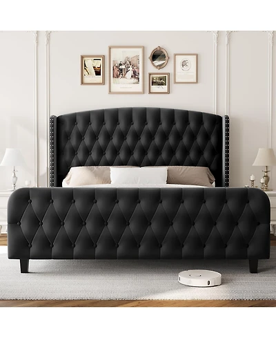 Gaomon Bed Frame with Deep Button Tufted Wingback Headboard and Footboard, Velvet Upholstered Platform Frame, No Box Spring, Easy Assembly