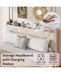 gaomon Floating Bed Frame with Led Lights & Usb Charging Station, Upholstered Platform Storage Headboard and Foldable Shelves