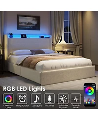 gaomon Queen Size Boucle Bed Frame with Storage Headboard, Charging Station, Led Lights, 4 Drawers, No Box Spring Needed.