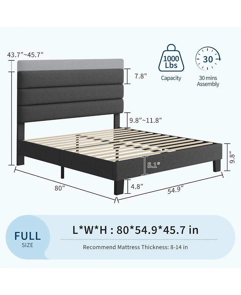 gaomon Full Size Platform Bed Frame with Adjustable Headboard, Linen Upholstery, Wood Slats, No Box Spring Needed, Dark Grey