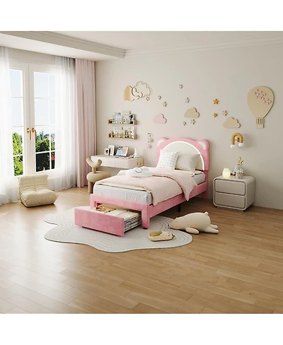 gaomon Twin Kids Upholstered Platform Bed Frame with Adjustable Headboard, Drawer, Led Light, Wood Slats, No Box Spring, Pink