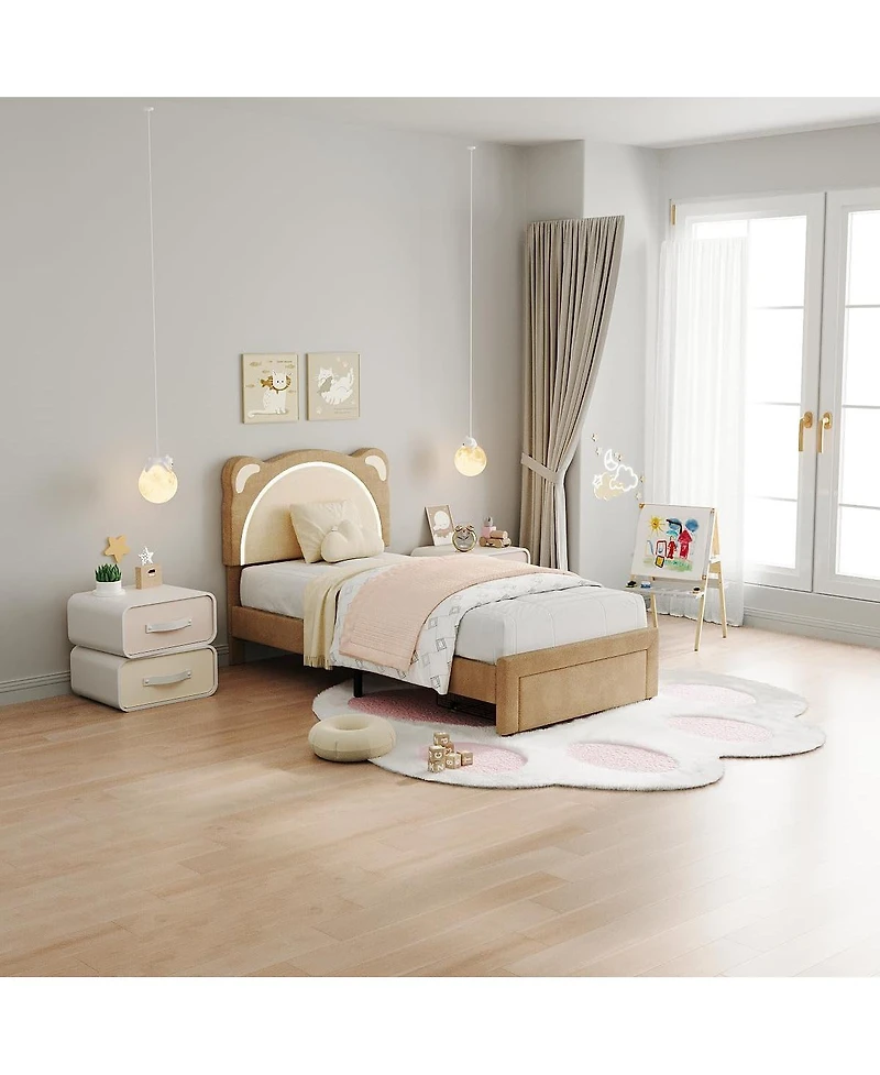 gaomon Twin Kids Upholstered Platform Bed Frame with Adjustable Headboard, Drawer, Led Light, Wood Slats, No Box Spring, Coffee