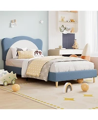 gaomon Twin Size Kids Upholstered Bed Frame with Adjustable Scallop Velvet Headboard, Princess Platform, Blue & White