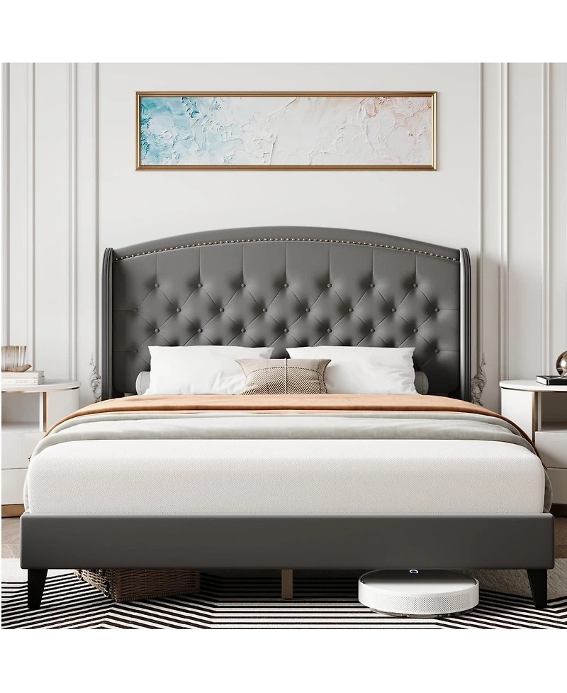 gaomon King Size Upholstered Platform Bed Frame Wingback Headboard Button Tufted Wood Slats Easy Assembly Gray