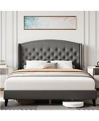 gaomon King Size Upholstered Platform Bed Frame Wingback Headboard Button Tufted Wood Slats Easy Assembly Gray