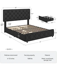 Gaomon Queen Size Platform Bed Frame Adjustable Headboard 4 Drawers Modern Grey Upholstered with Footboard Wood Slats