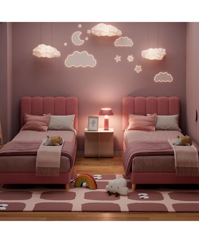 gaomon Twin Bed Frame Boucle Upholstered Wave Headboard Girls Kids Wooden Slats No Box Spring Light Pink