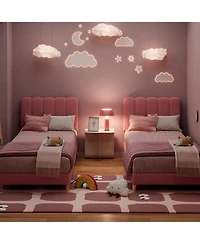 gaomon Twin Bed Frame Boucle Upholstered Wave Headboard Girls Kids Wooden Slats No Box Spring Light Pink