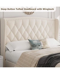 gaomon Queen Bed Frame Upholstered 4 Storage Drawers Wingback Headboard Charging Station Button Tufted