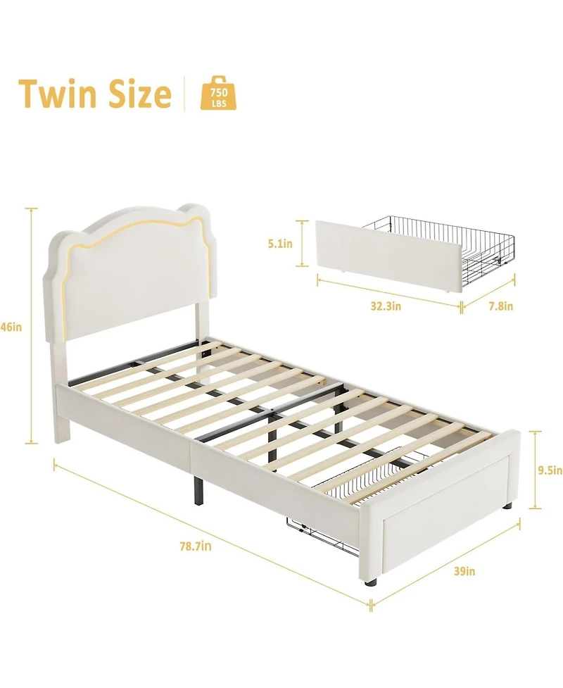 gaomon Twin Upholstered Bed Frame Smart Led Adjustable Bear Headboard Velvet Princess Platform Wood Slats Drawer
