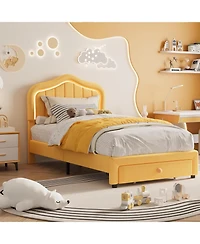 gaomon Twin Upholstered Bed Frame Storage Drawer Smart Led Headboard Platform for Kids Wooden Slats No Box Spring Yellow