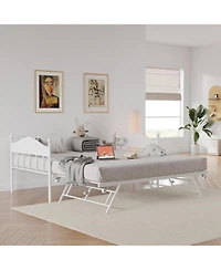 gaomon Twin Size Metal Daybed with Pop Up Foldable Trundle Stylish Headboard Sofa Bed Heavy Duty Steel Slats White