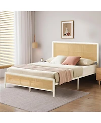 gaomon Full Size Iron Bed Frame with Rattan Headboard Rgb Led Lights Easy Assembly Platform Bed