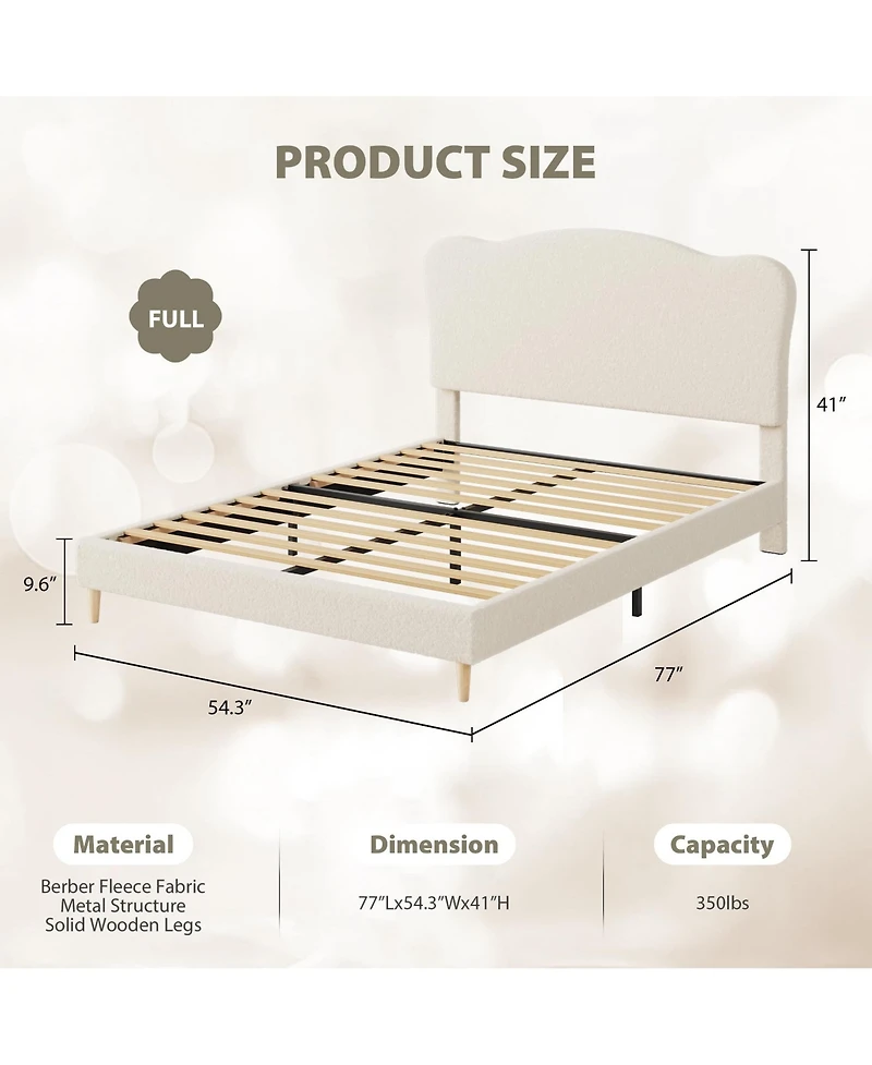 gaomon Full Size Bed Frame for Kids with Scallop Headboard, Cute Velvet Twin Bed for Girls, Boys