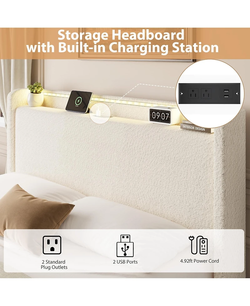 gaomon Queen Size Boucle Bed Frame with Storage Headboard, Charging Station and Led Lights