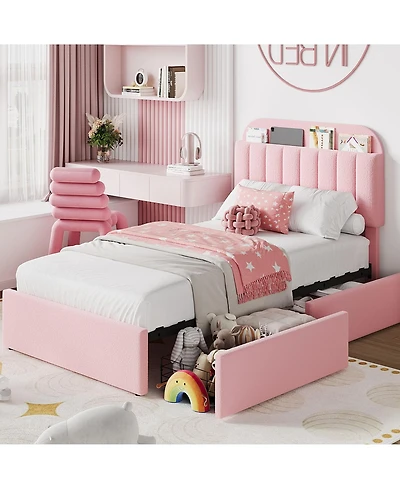 gaomon Twin Xl Bed Frame for Kids, Boucle Upholstered Platform Bed for Girls with 2 Flexible Drawers