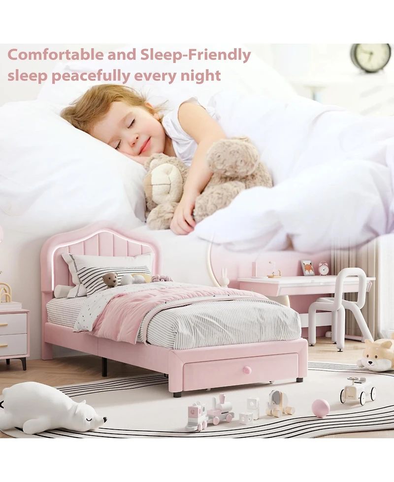 gaomon Twin Upholstered Bed Frame with Storage Drawer and Smart Led Headboard, Twin Size Platform Bed Frames for Kids