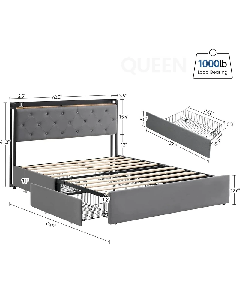 gaomon Upholstered Bed with Charging Station Headboard and 4 Drawers, Platform Mattress Foundation Wooden Slats, No Box Spring Needed