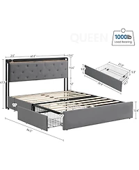 gaomon Upholstered Bed with Charging Station Headboard and 4 Drawers, Platform Mattress Foundation Wooden Slats, No Box Spring Needed