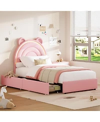 gaomon Princess Twin Bed Frame with 4 Storage Drawers, Led Lights, Velvet Platform Bed with Rainbow Headboard, Solid Wood Slats, No Box Spring, Pink