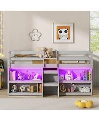 Gymax Twin Loft Bed w/ Led Lights Staircase & Safety Guardrail Under-bed Storage