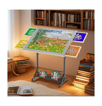 Flynama 34" Adjustable Puzzle Table with 360° Tilt, Storage Drawers & Protective Cover for 1500-Piece Puzzles, Height-Adjustable Mobile Work
