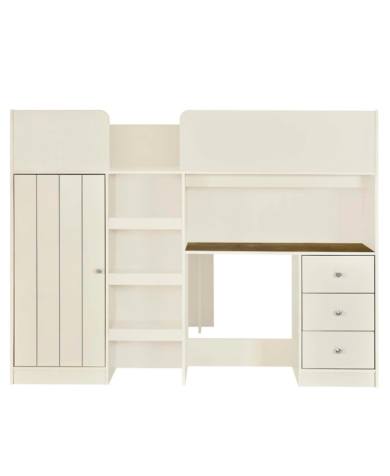 Simplie Fun Wood Full Size Loft Bed with Built-in Wardrobe, Desk, Storage Shelves and Drawers, Beige