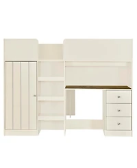 Simplie Fun Wood Full Size Loft Bed with Built-in Wardrobe, Desk, Storage Shelves and Drawers, Beige