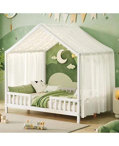 Streamdale Furniture Montessori Floor Bed with Canopy, Full Size House Shape Toddler Bed Frame