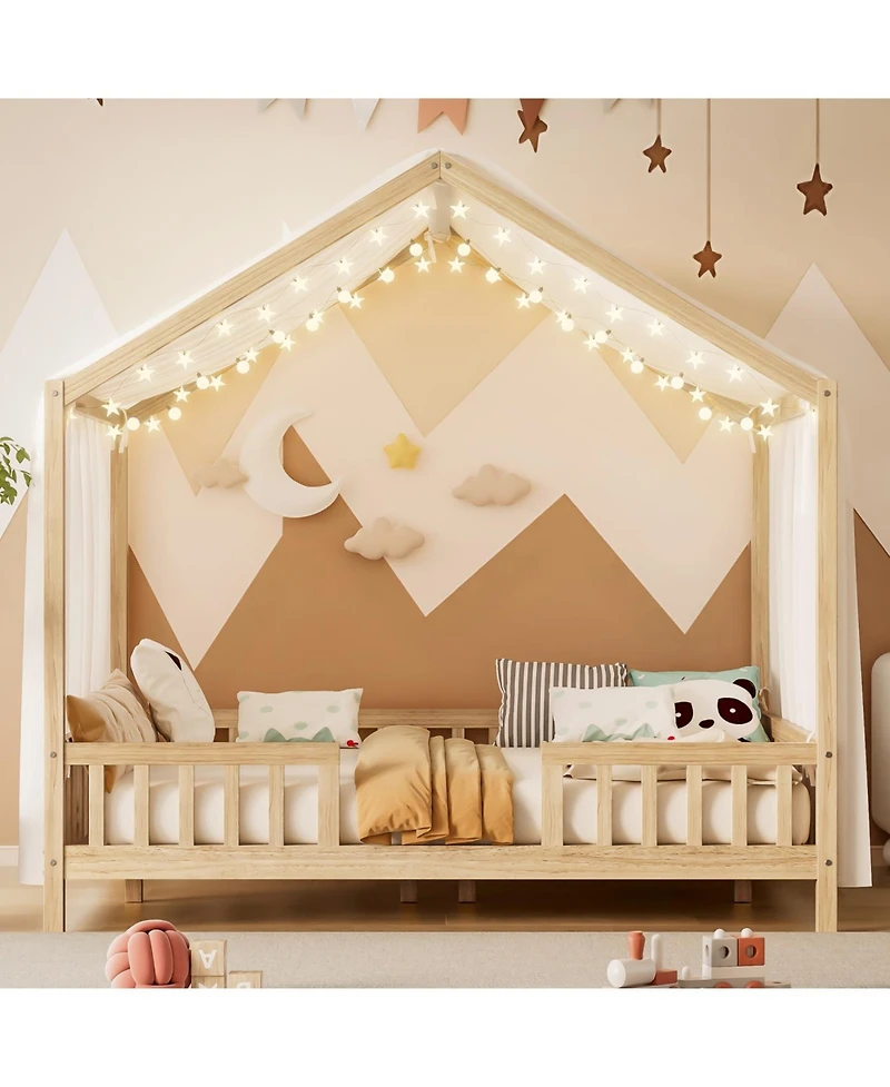 Streamdale Furniture Montessori Floor Bed with Canopy, Full House Shape Toddler Frame