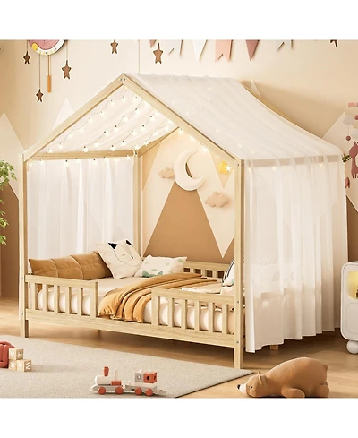 Streamdale Furniture Montessori Floor Bed with Canopy, Full House Shape Toddler Frame