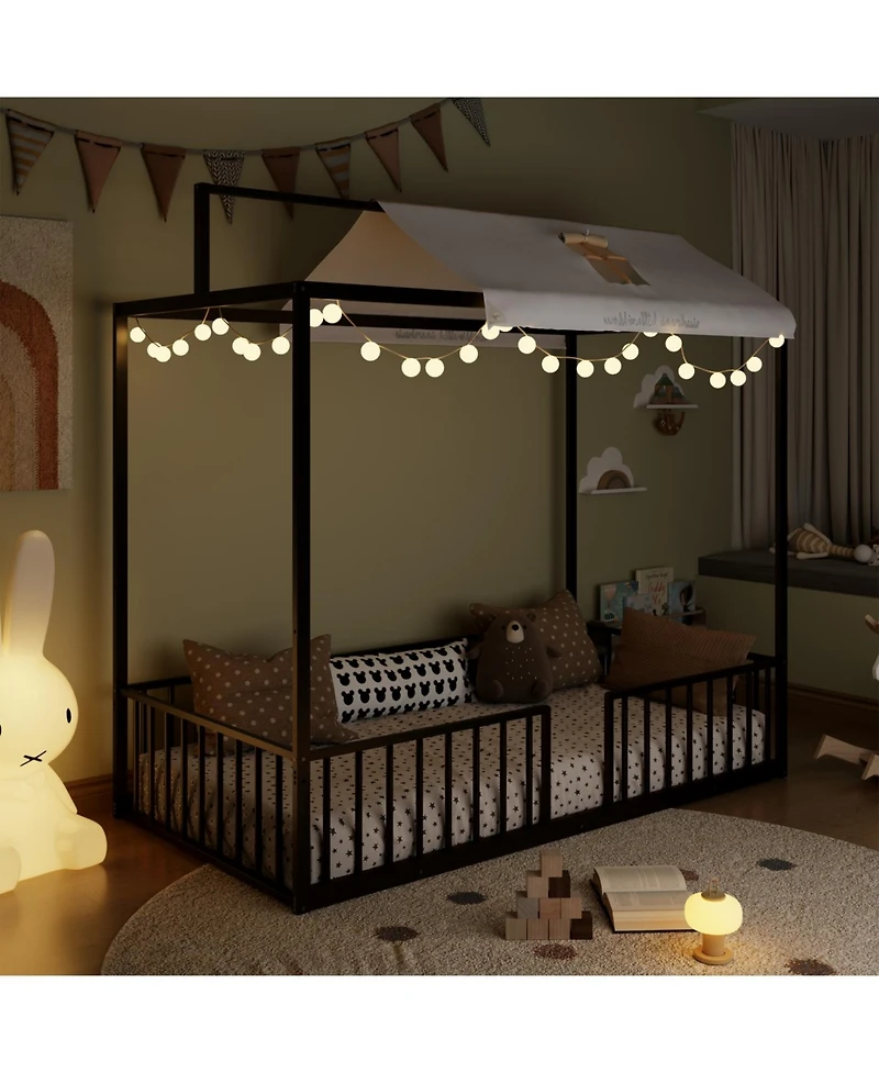 Streamdale Furniture Montessori 3-in-1 Convertible Metal Toddler Bed with Canopy, Twin, Black