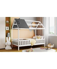 Streamdale Furniture Twin Size Wood House Bed with Fence, White+Gray