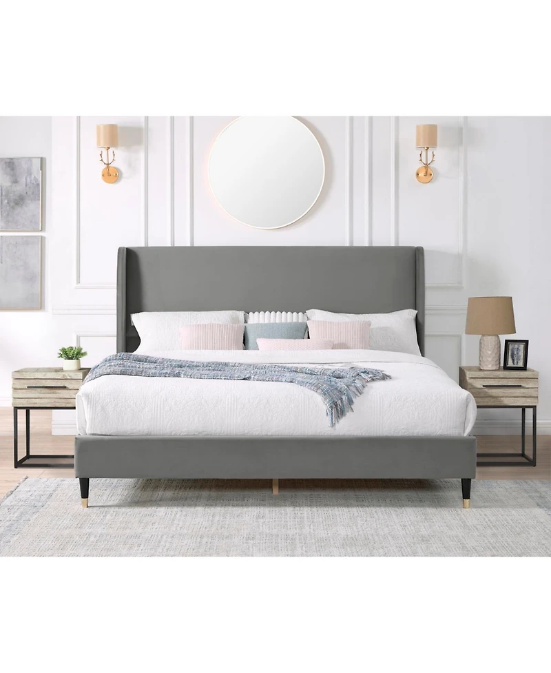 Streamdale Rozitta Gray Velvet Wingback Platform Bed, Queen