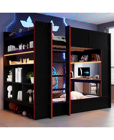 Streamdale Furniture Wood Gaming Bunk Bed with Desk, Storage, Led & Charging Station