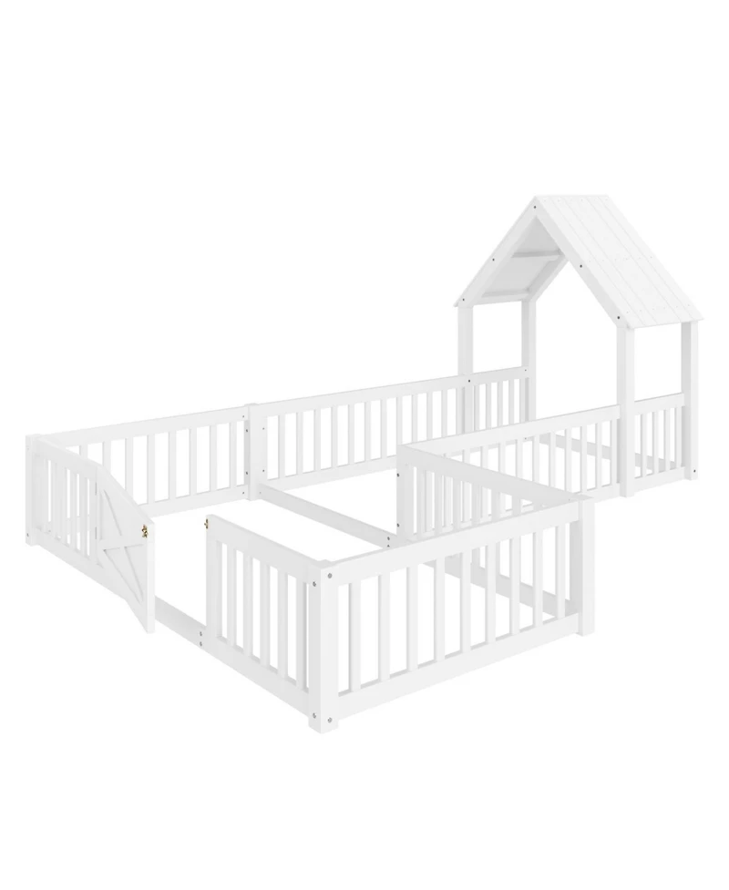Streamdale Furniture Twin Size House Floor Bed with Door and Guardrails, White