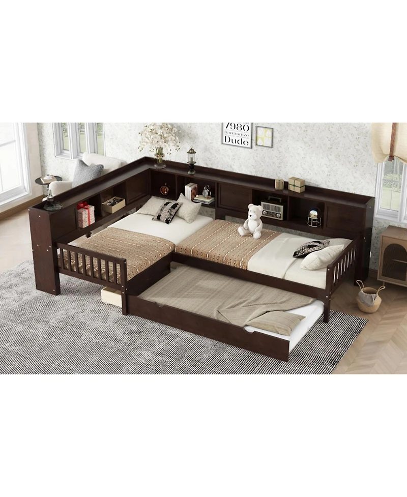 Streamdale Furniture L-shaped Twin Platform Bed w/ Trundle, Storage Drawers & Shelves, Espresso