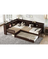 Streamdale Furniture L-shaped Twin Platform Bed w/ Trundle, Storage Drawers & Shelves, Espresso